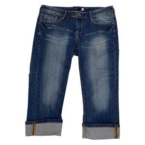 Vigoss Women's Denim Capri Pants Size 7 Cropped Embellished Distressed Cuffs EUC